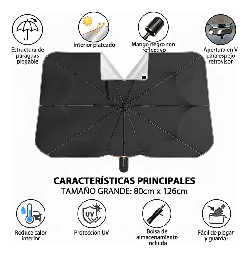 TAPA SOL AUTO TIPO SOMBRILLA CUBRE PARABRISA PLEGABLE S - 1