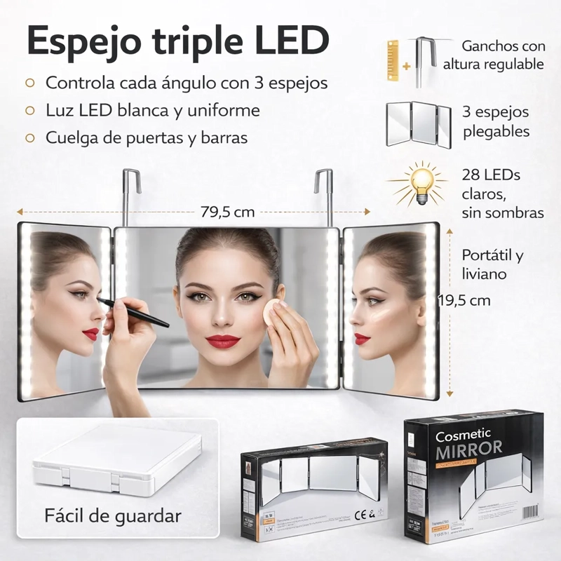 ESPEJO TRIPLE CON LUZ LED PARA AUTO CORTE BARBERIA 3 ANGULOS - 1