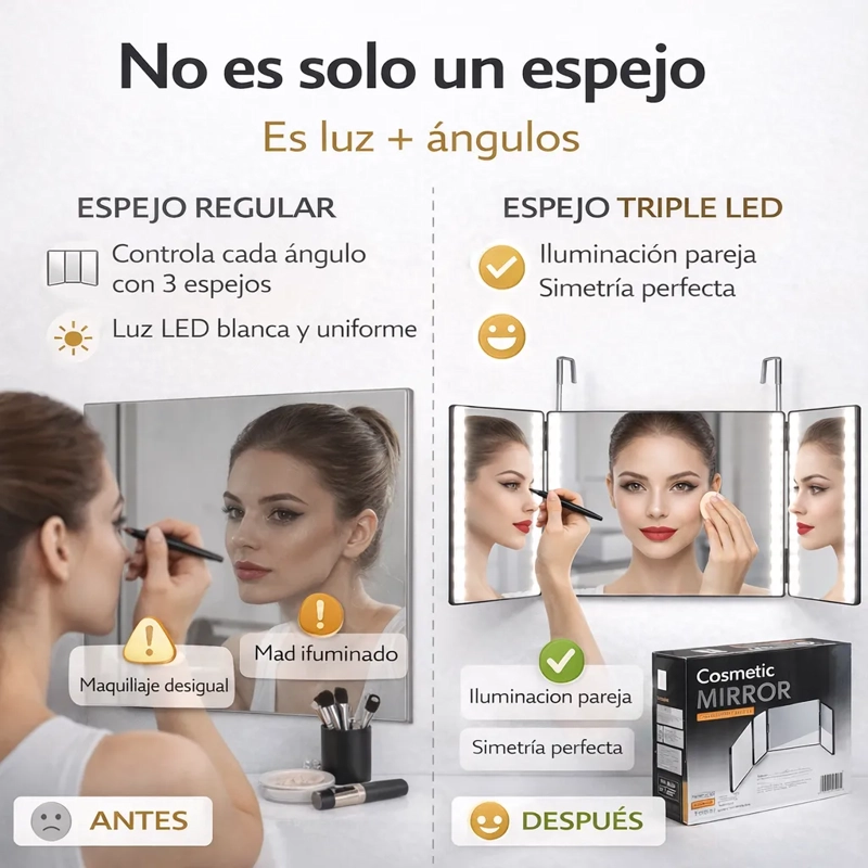 ESPEJO TRIPLE CON LUZ LED PARA AUTO CORTE BARBERIA 3 ANGULOS - 2