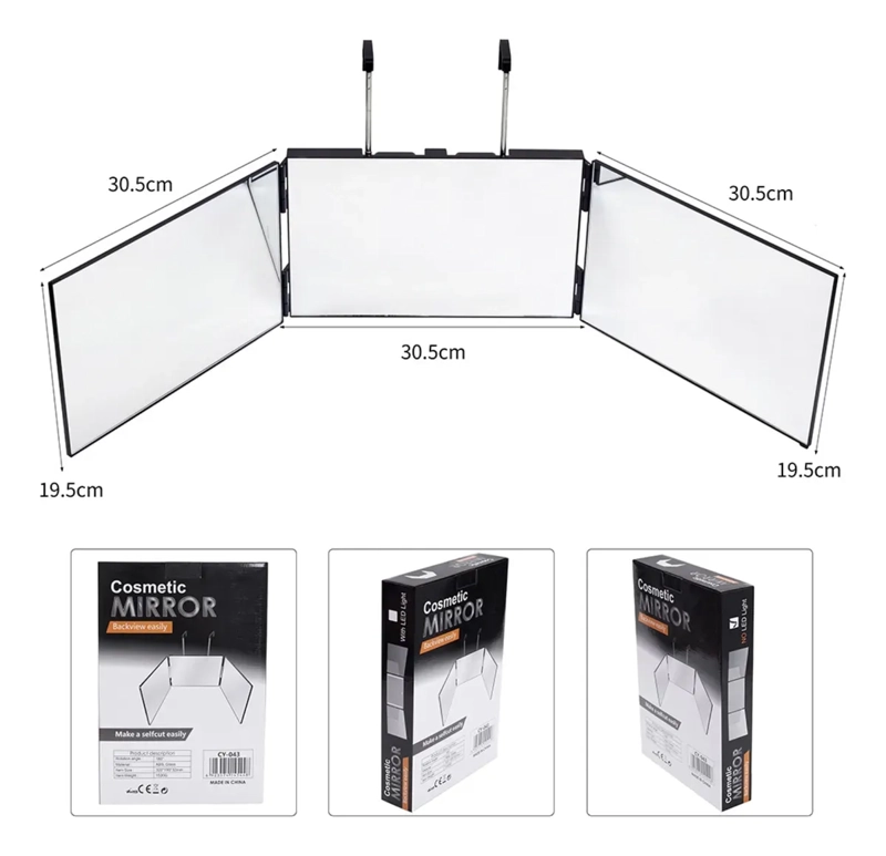 ESPEJO TRIPLE CON LUZ LED PARA AUTO CORTE BARBERIA 3 ANGULOS - 4
