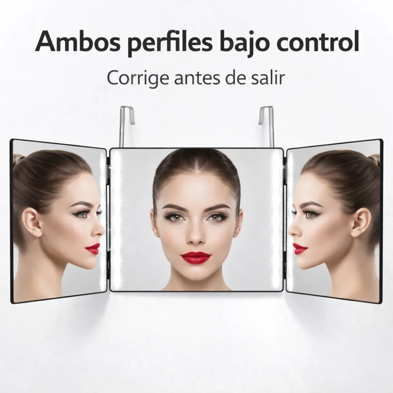 ESPEJO TRIPLE CON LUZ LED PARA AUTO CORTE BARBERIA 3 ANGULOS - 6