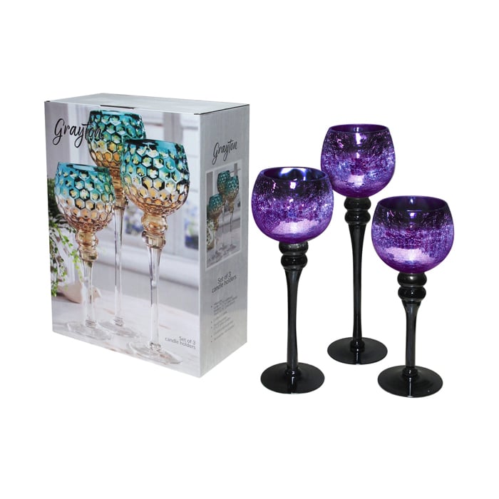 SET 3 CANDELABROS DE COPA MORADO CRAQUELADO - 1