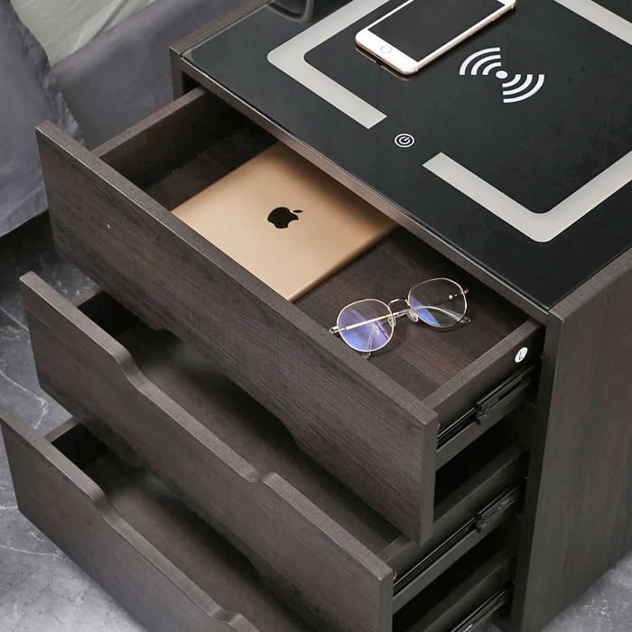 PAR DE VELADORES mesa de noche INTELIGENTE con luz USB Cargador Inalámbrico - 3