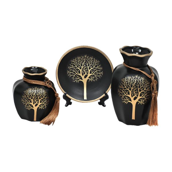 SET FLOREROS Y PLATO DECORATIVO NEGRO - 1