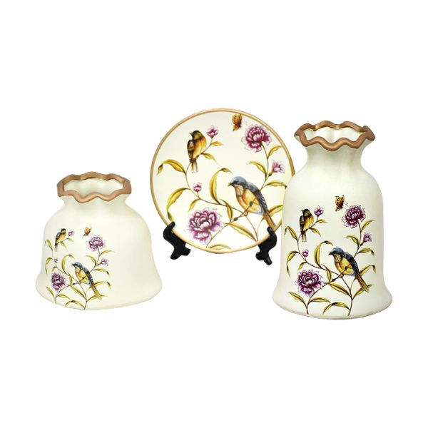 SET FLOREROS Y PLATO DECORATIVO BLANCO PAJARITO - 1