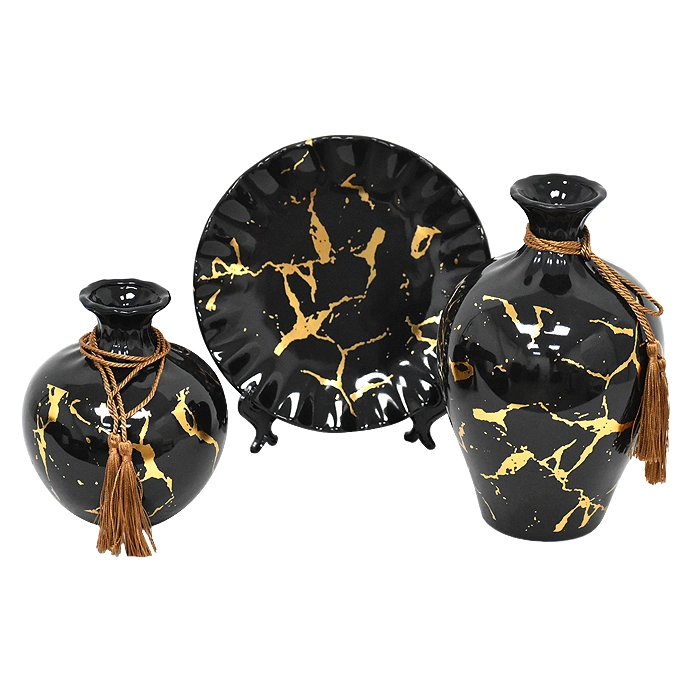 SET FLOREROS Y PLATO DECORATIVO NEGRO DORADO XL - 1