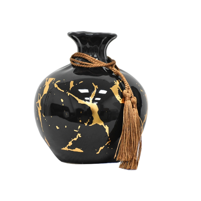 SET FLOREROS Y PLATO DECORATIVO NEGRO DORADO XL - 2