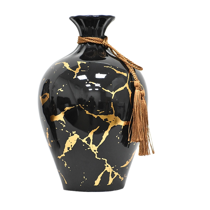 SET FLOREROS Y PLATO DECORATIVO NEGRO DORADO XL - 3