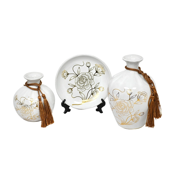 SET FLOREROS Y PLATO DECORATIVO FLORES BLANCA - 1