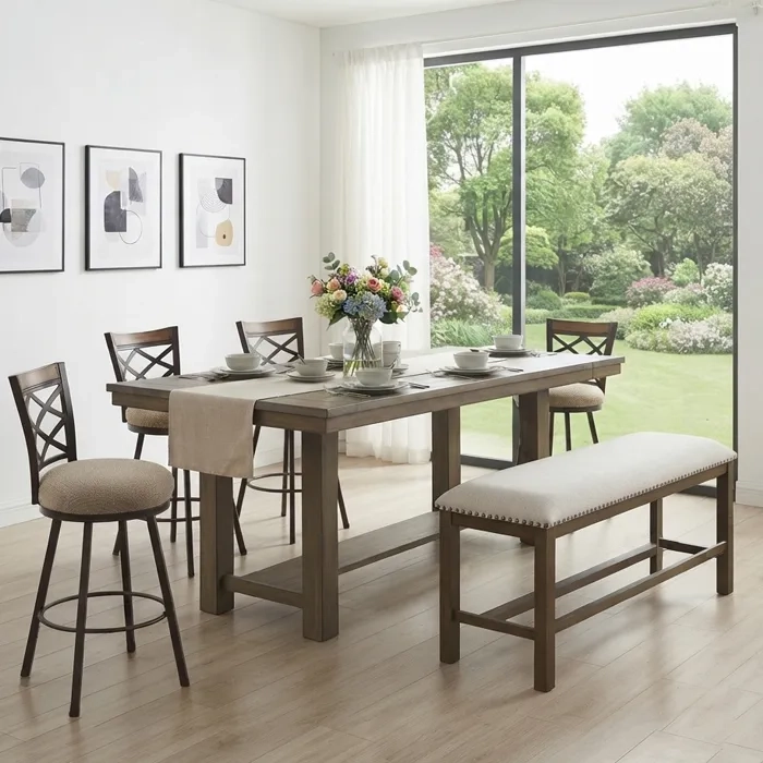 JUEGO DE COMEDOR MORTIMER ALTO 4 TABURETES BANCA ALTA MORTIMER (6 SILLAS) - 1
