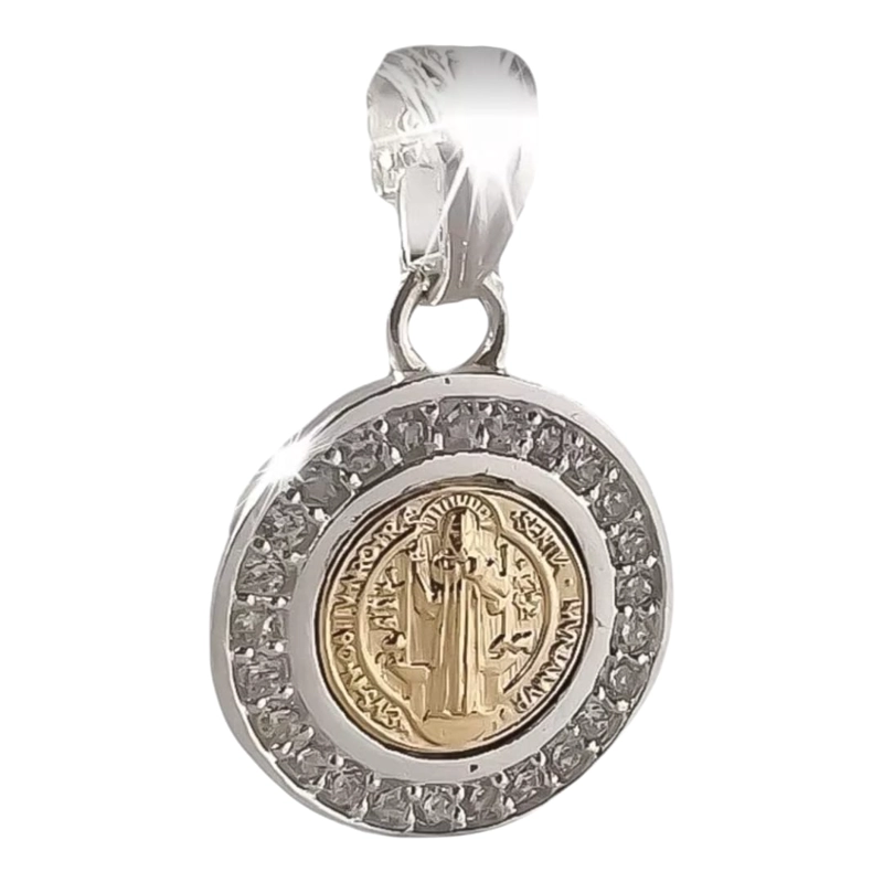 COLGANTE MEDALLA SAN BENITO CON CIRCONES EN PLATA ITALIANA 925 CON CADENA - 1