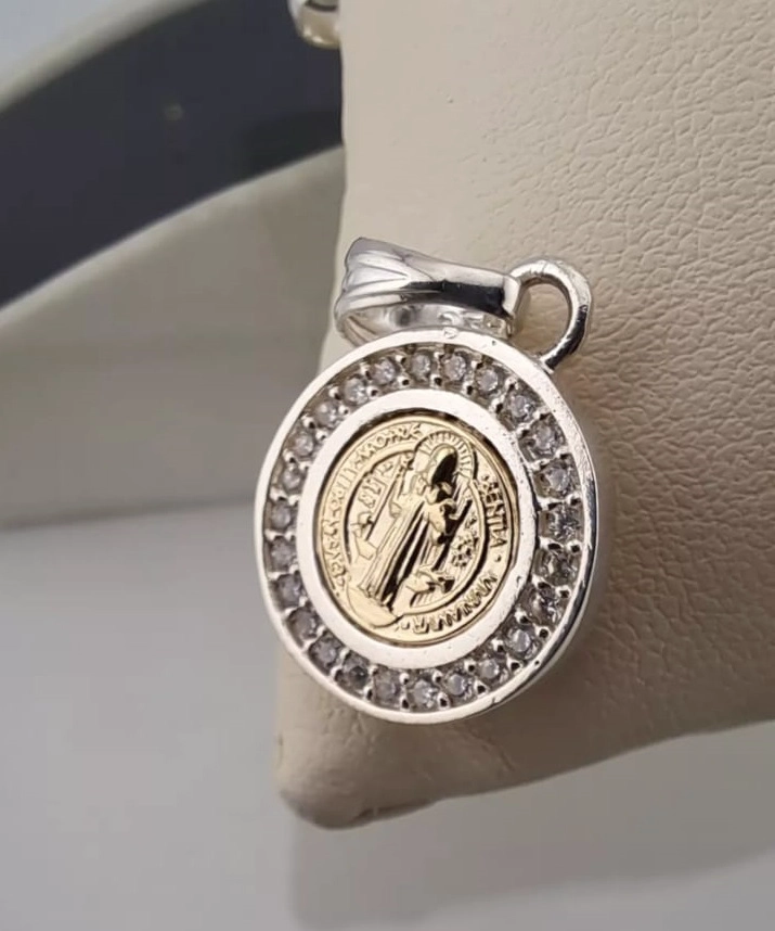 COLGANTE MEDALLA SAN BENITO CON CIRCONES EN PLATA ITALIANA 925 CON CADENA - 3