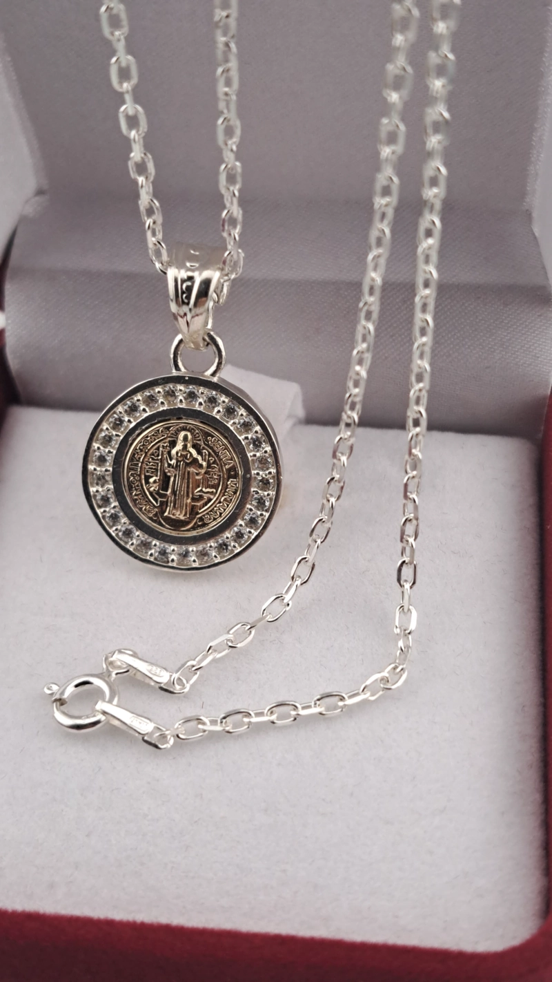 COLGANTE MEDALLA SAN BENITO CON CIRCONES EN PLATA ITALIANA 925 CON CADENA - 7
