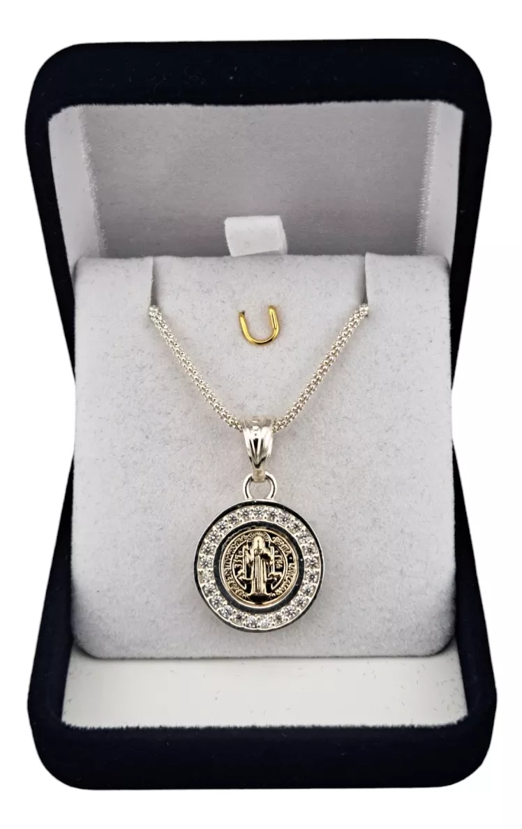 MEDALLA SAN BENITO PLATA 925 Y ORO 14K CON CIRCONES + CADENA - 1