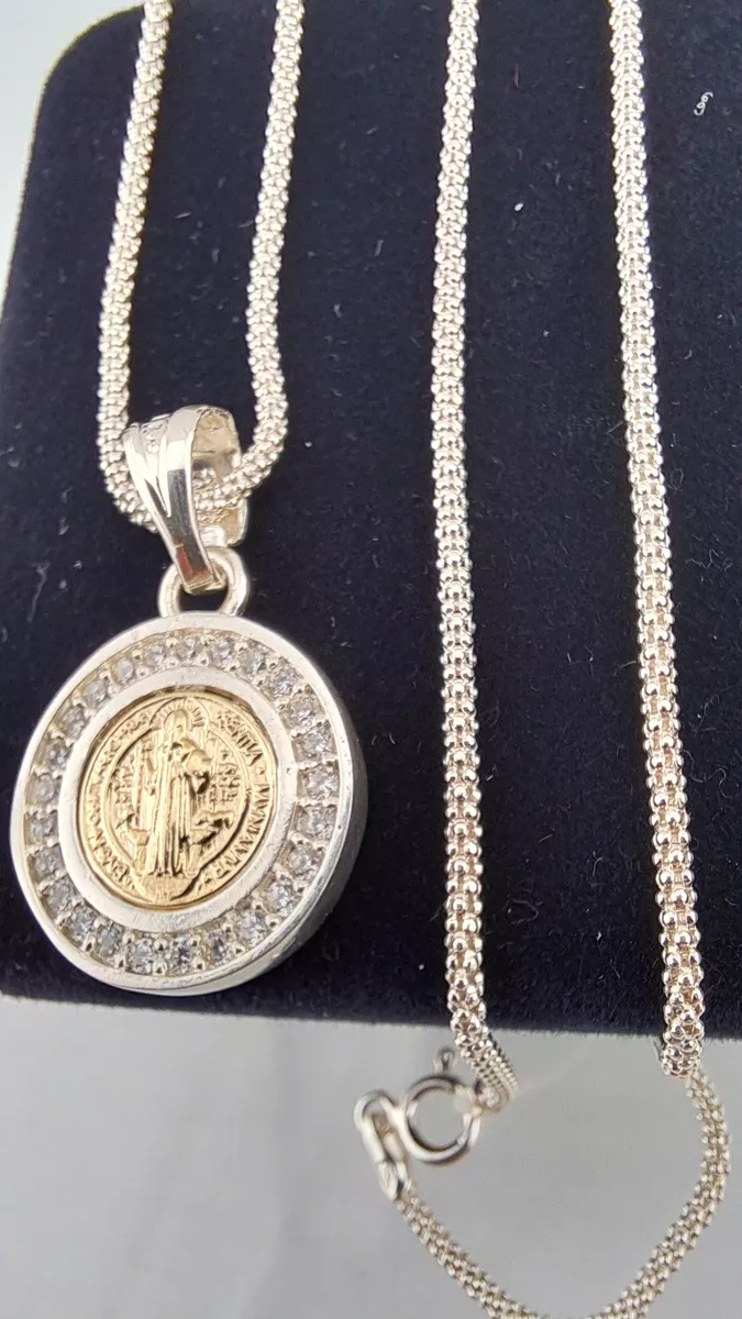 MEDALLA SAN BENITO PLATA 925 Y ORO 14K CON CIRCONES + CADENA - 2