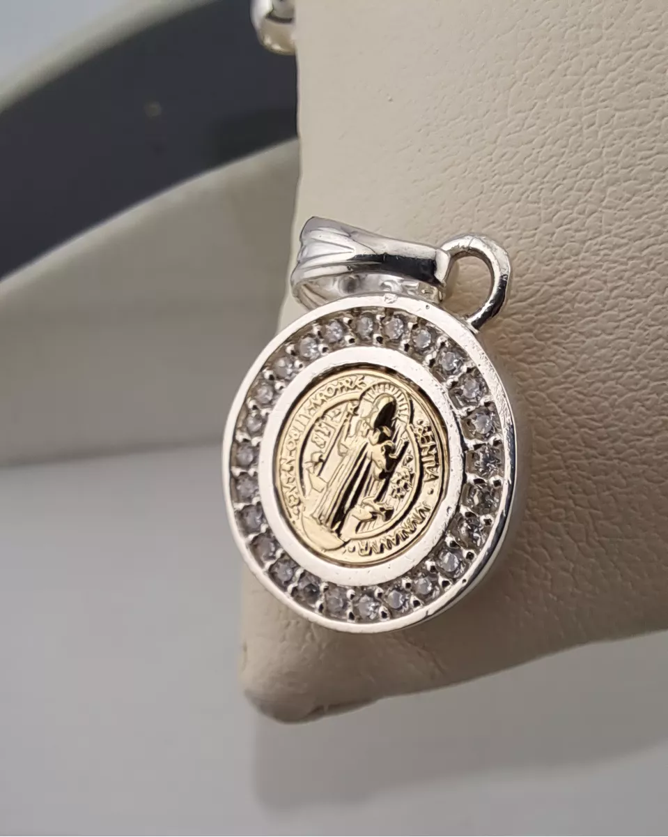 MEDALLA SAN BENITO PLATA 925 Y ORO 14K CON CIRCONES + CADENA - 4