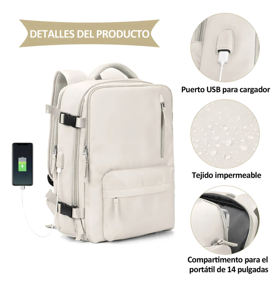 MOCHILA VIAJE GENÉRICA LARGE TRAVEL BACKPACK COLOR BEIGE DISEÑO LISA - 5