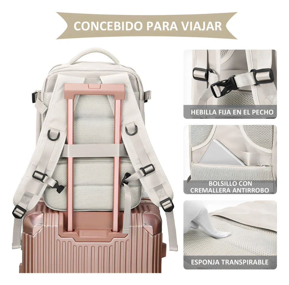 MOCHILA VIAJE GENÉRICA LARGE TRAVEL BACKPACK COLOR BEIGE DISEÑO LISA - 6
