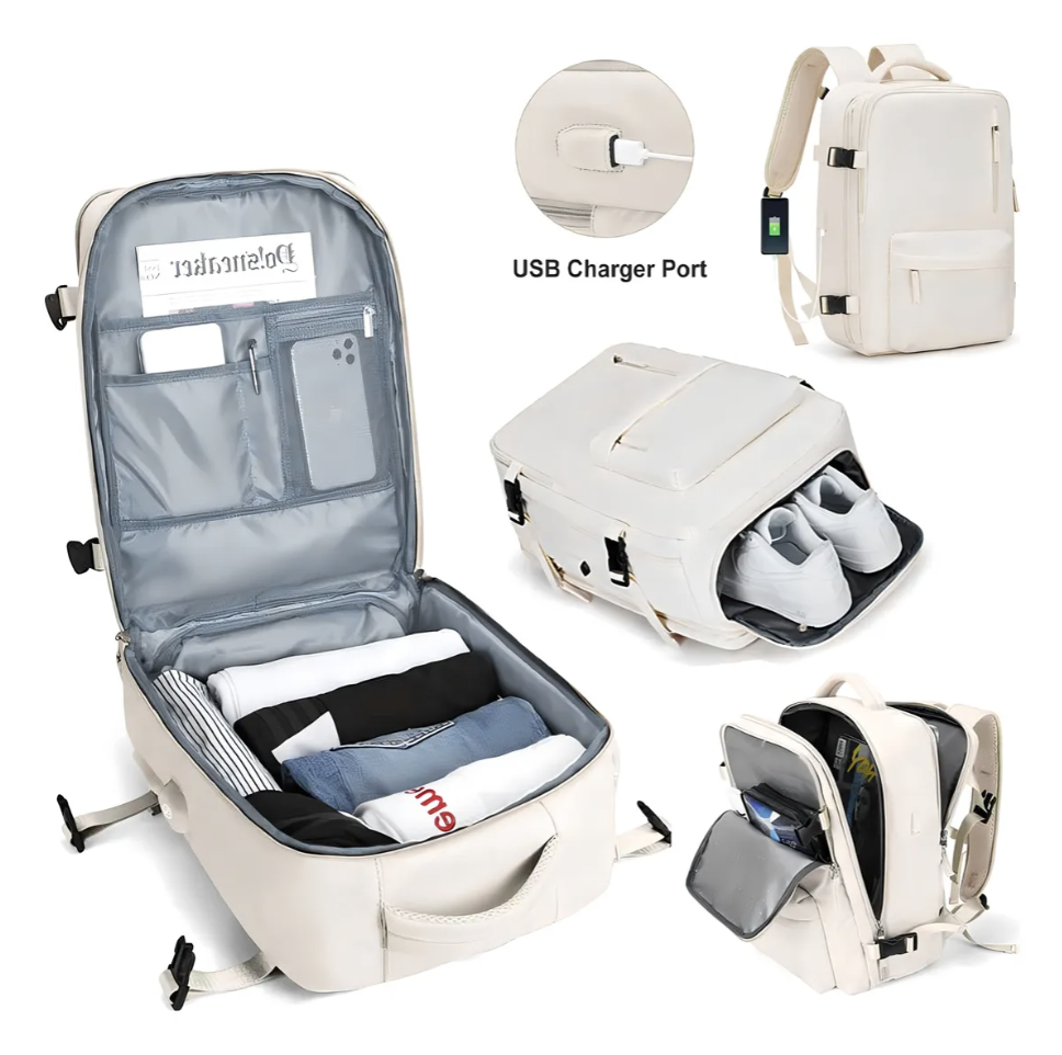 MOCHILA VIAJE GENÉRICA LARGE TRAVEL BACKPACK COLOR BEIGE DISEÑO LISA - 7