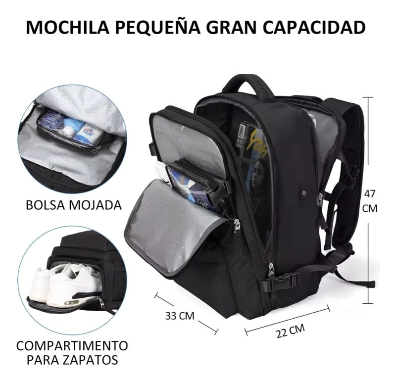 MOCHILA VIAJE GENE RICA LARGE TRAVEL BACKPACK COLOR NEGRO DISEÑO LISO 40L - 2