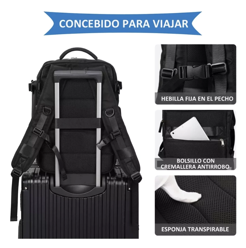 MOCHILA VIAJE GENE RICA LARGE TRAVEL BACKPACK COLOR NEGRO DISEÑO LISO 40L - 4