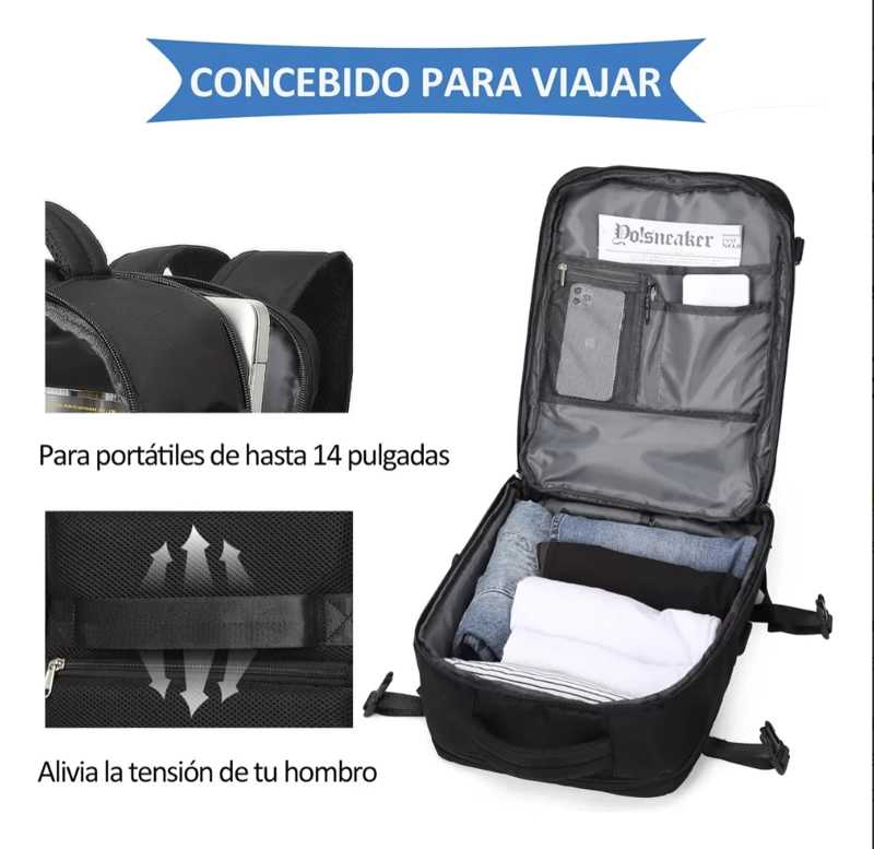 MOCHILA VIAJE GENE RICA LARGE TRAVEL BACKPACK COLOR NEGRO DISEÑO LISO 40L - 5