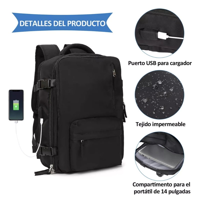 MOCHILA VIAJE GENE RICA LARGE TRAVEL BACKPACK COLOR NEGRO DISEÑO LISO 40L - 6
