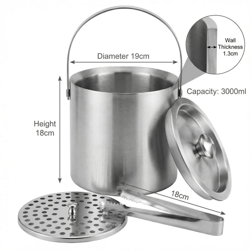 HIELERA ACERO INOXIDABLE TERMICA CON TAPA Y PINZAS, 3000 ML - 5