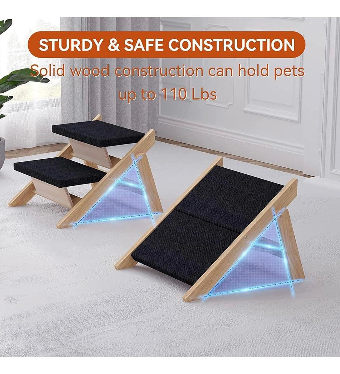 Rampa Plegable De Madera Para Mascotas Umtiti – 4 Alturas Ajustables (9-17.3 Pulgadas) Con Alfombrilla Antideslizante Para Perros Pequeños Y Medianos – Ideal Para Cama, Sofá O Coche
