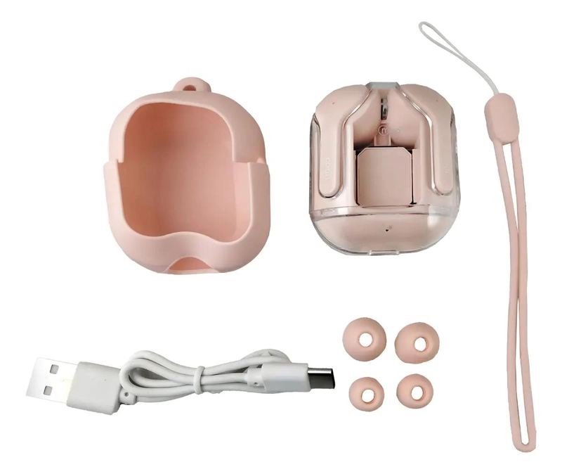 AUDIFONOS TWS CRISTAL DE VIDRIO CON FUNDA SILICONA ROSA - 3