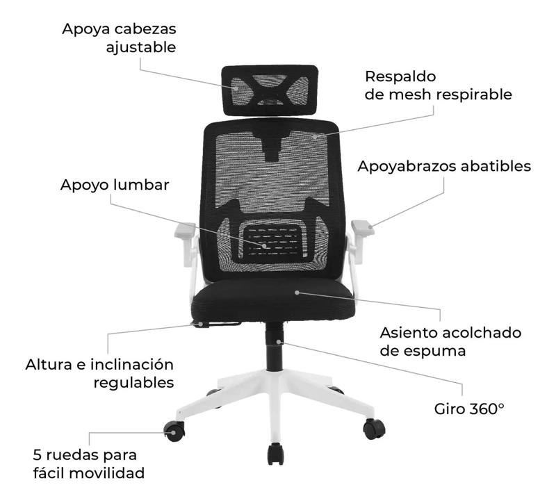 SILLA DE ESCRITORIO ERGONOMICA BLANCA Y NEGRA - 4