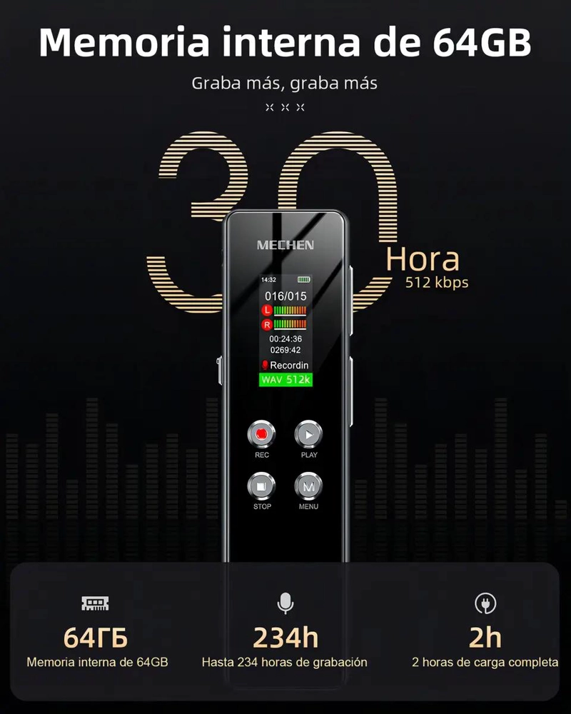 GRABADOR DE VOZ DIGITAL 64 GB COLOR NEGRO - 3