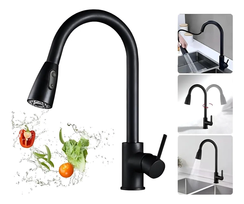 LLAVES LAVAPLATOS COCINA GRIFO NEGRO EXTENSIBLE - 2