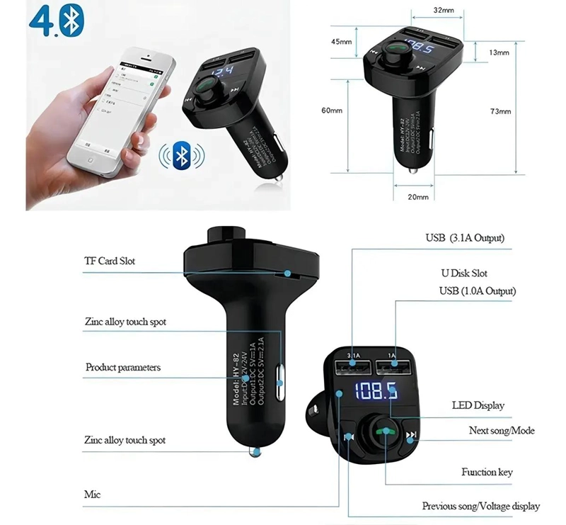RECEPTOR BLUETOOTH PARA AUTOS CON CARGA RAPIDA - 4