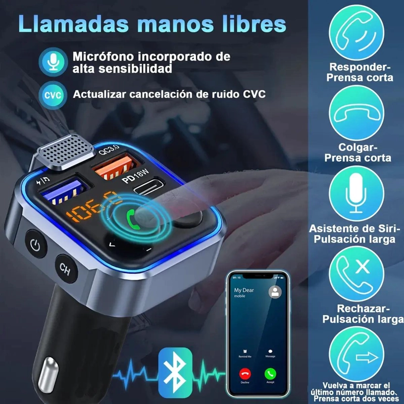 RECEPTOR BLUETOOTH PARA AUTOS FM MP3 CARGA RAPIDA - 2