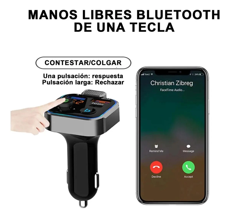 RECEPTOR BLUETOOTH PARA AUTOS FM MP3 CARGA RAPIDA - 3
