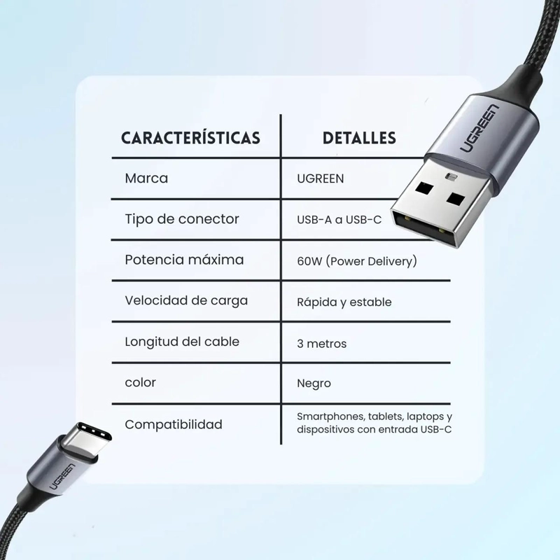 CABLE CARGA RAPIDA USB TIPO C 60W 3 METROS - 3