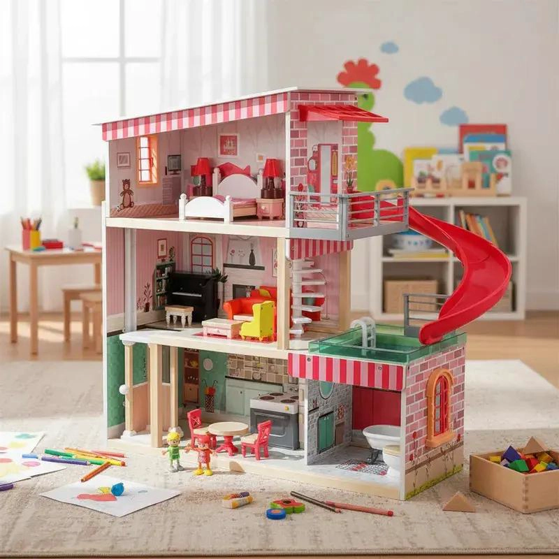 CASA DE MUÑECAS DE MADERA MONTESSORI COLOR ROSADO - 1