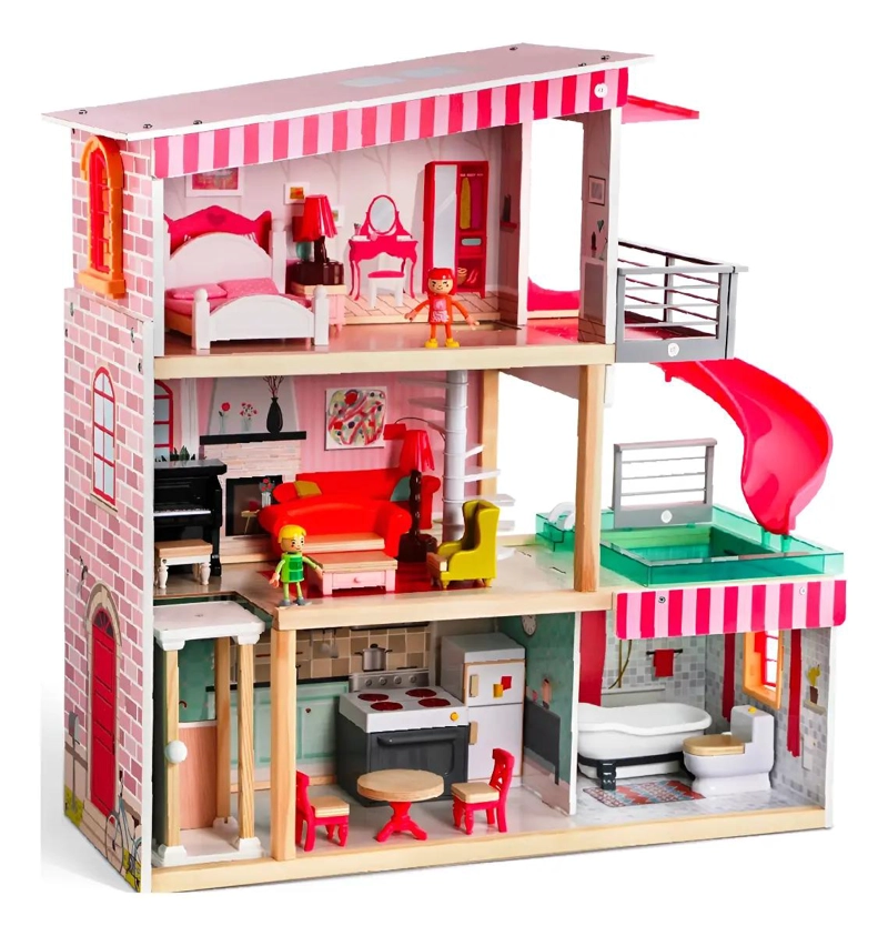 CASA DE MUÑECAS DE MADERA MONTESSORI COLOR ROSADO - 2