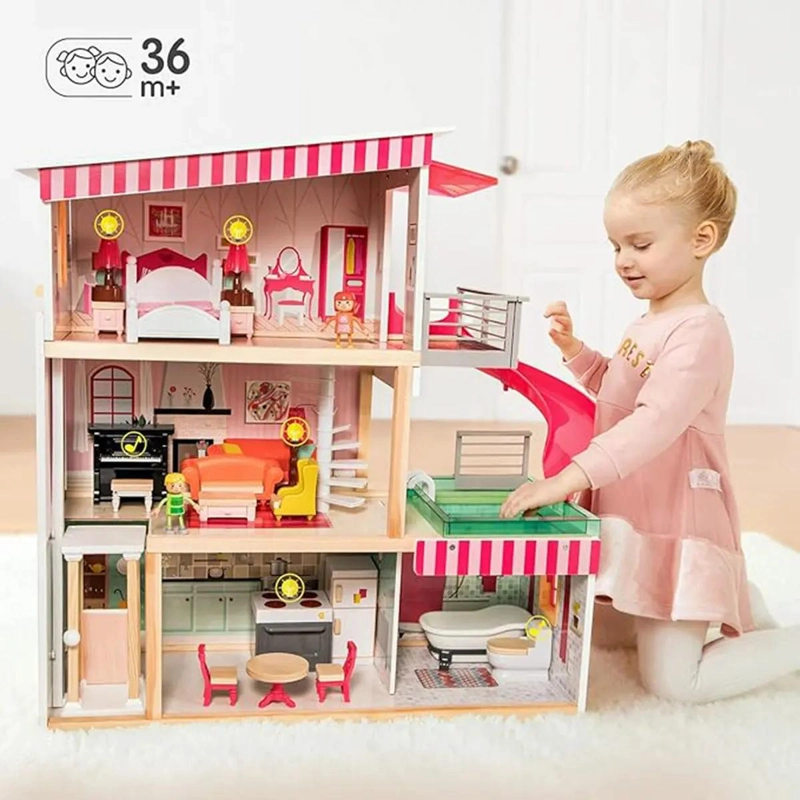 CASA DE MUÑECAS DE MADERA MONTESSORI COLOR ROSADO - 3