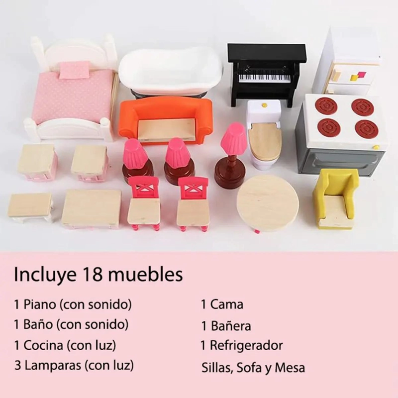 CASA DE MUÑECAS DE MADERA MONTESSORI COLOR ROSADO - 4