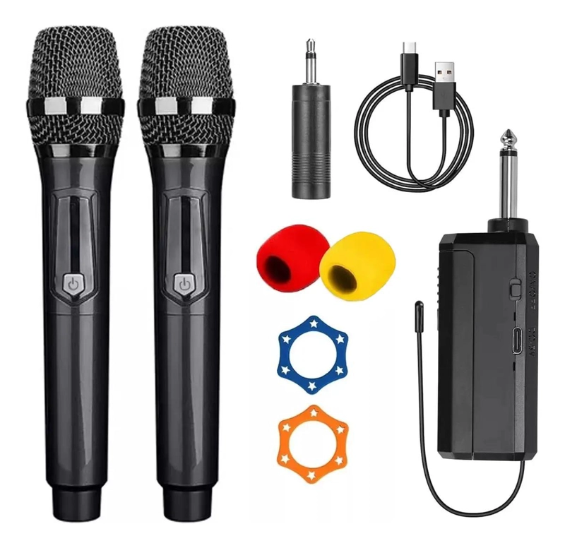 MICROFONO INALAMBRICO KARAOKE DOBLE COLOR GRIS - 1