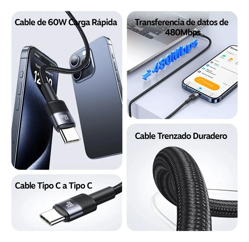 CABLE USB TIPO C A USB C 60W 1.2M TRENZADO - 3