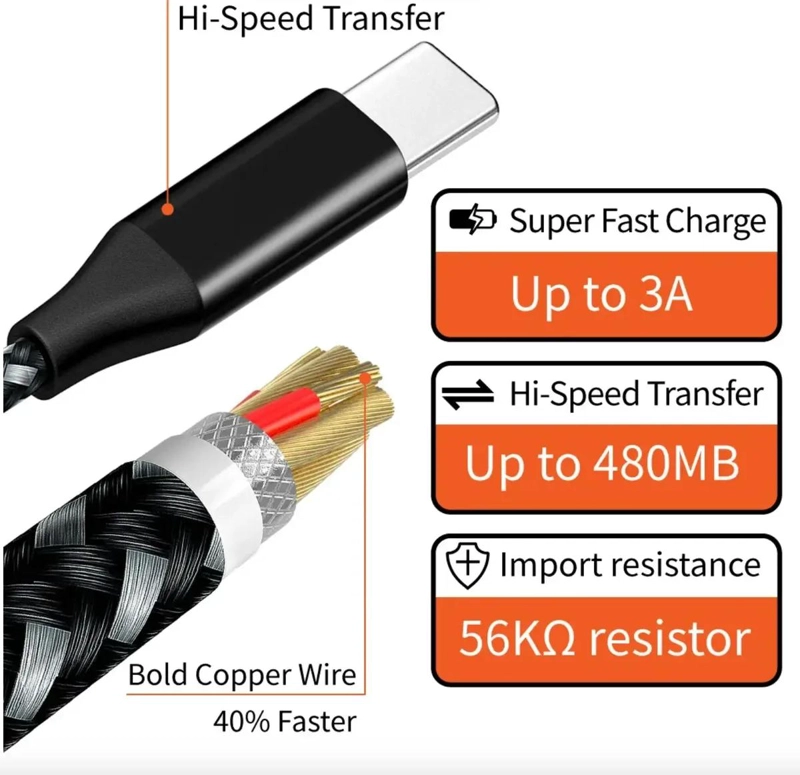 CABLE TIPO C USB 3 METROS REFORZADO CARGA RAPIDA - 5