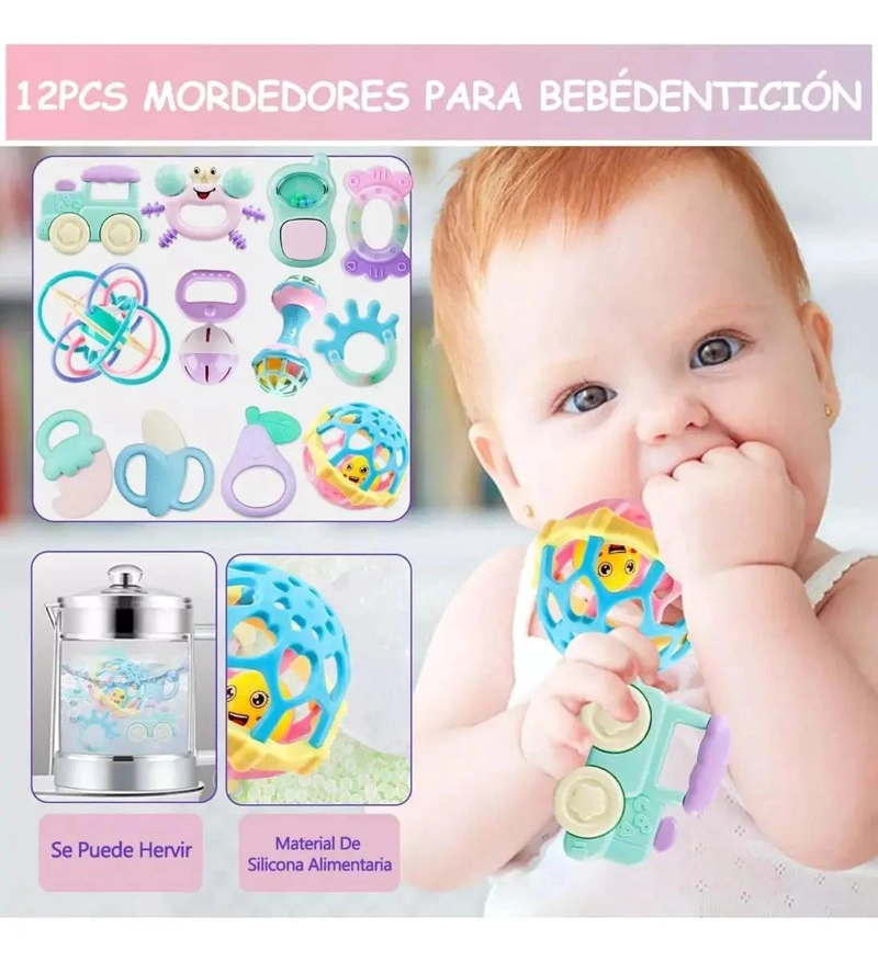 MORDEDORES DE SILICONA Y SONAJERO PARA BEBE - 4