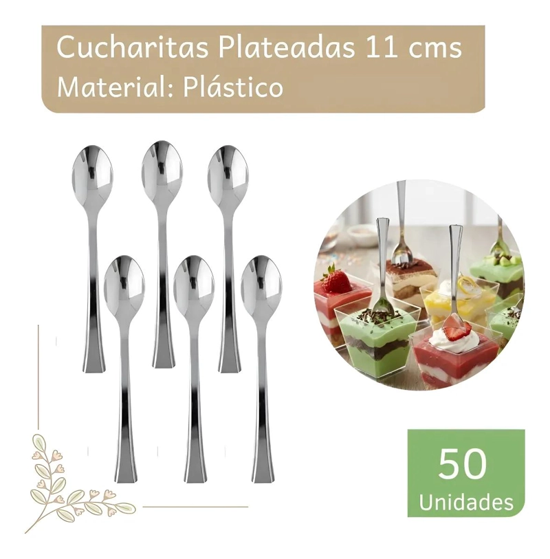 CUCHARITAS PLASTICAS PLATEADAS 11 CM PAQUETE 50 UNID - 1