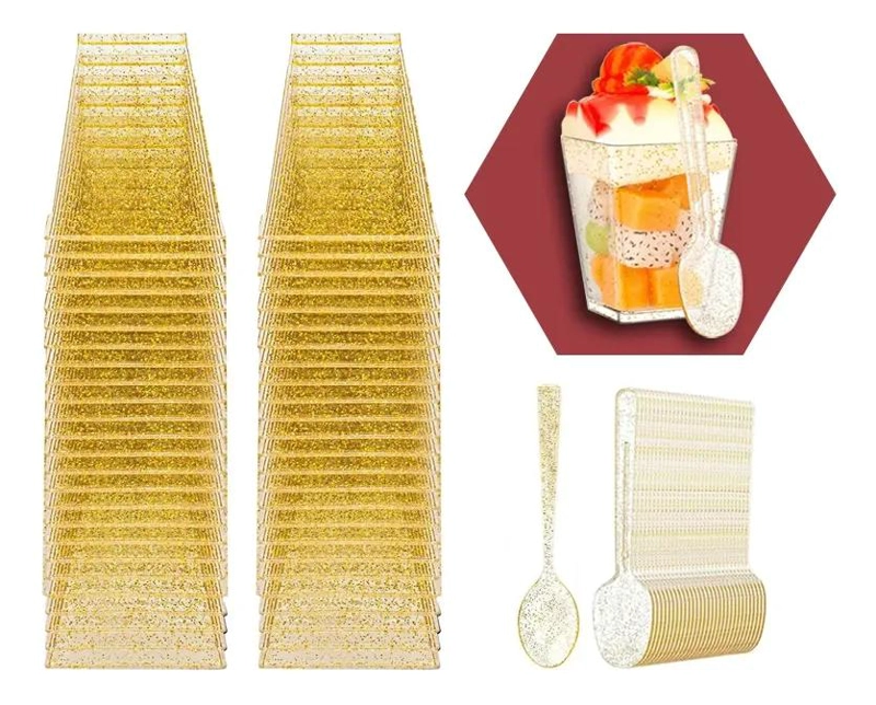 SET 50 VASOS POSTRE DORADOS 150ML Y 50 CUCHARAS - 1