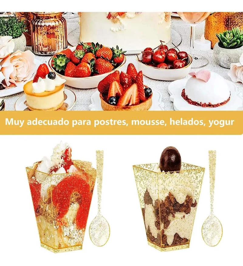 SET 50 VASOS POSTRE DORADOS 150ML Y 50 CUCHARAS - 3