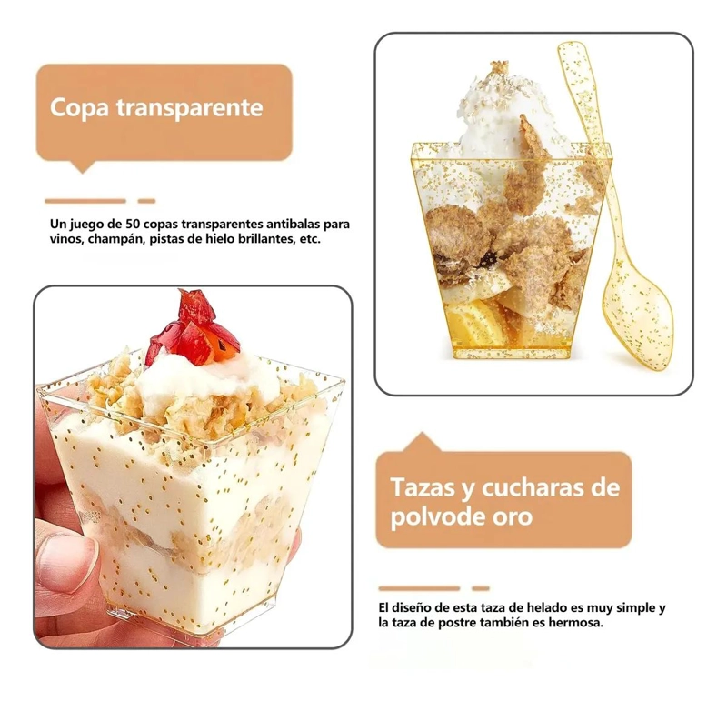 SET 50 VASOS POSTRE DORADOS 150ML Y 50 CUCHARAS - 5