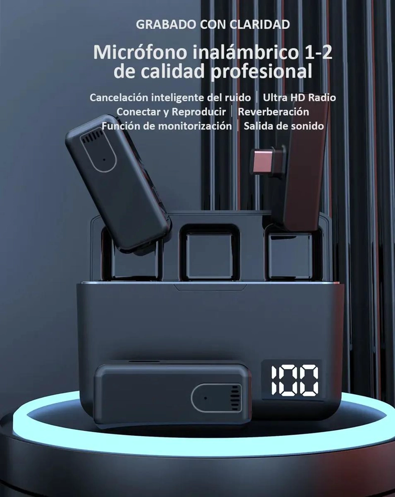 MICROFONO INALAMBRICO COMPACTO CON CARGA PORTATIL Y CANCELACION DE RUIDO - 2